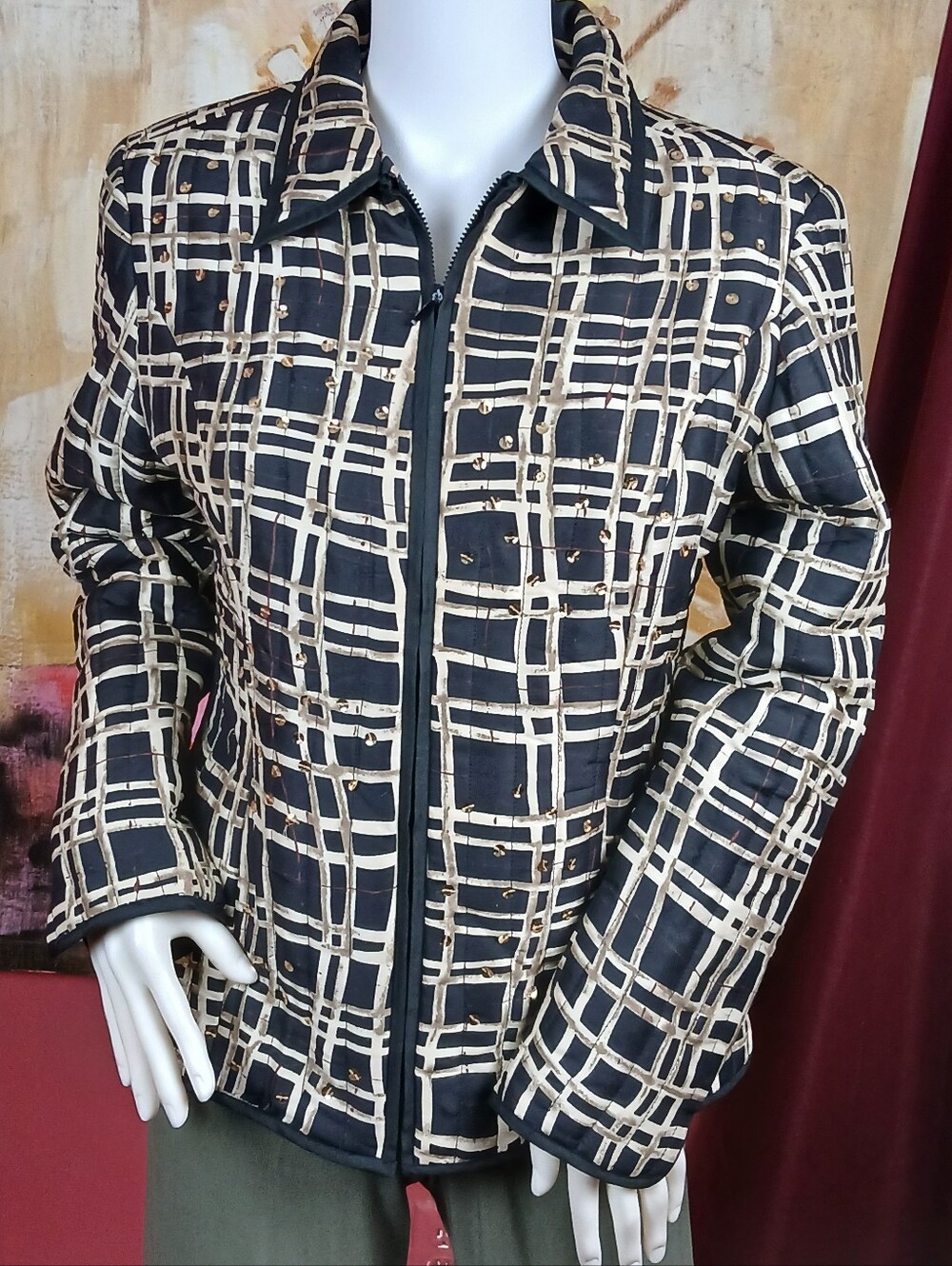 Carole Little Black Cream 100% Pure Silk Quilted Zip Jacket Size S